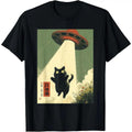 Vintage Japanese Cat Alien UFO Abduction Graphic T-Shirt - Funny Sci-Fi Cat Dad Tee, Unisex Casual Top
