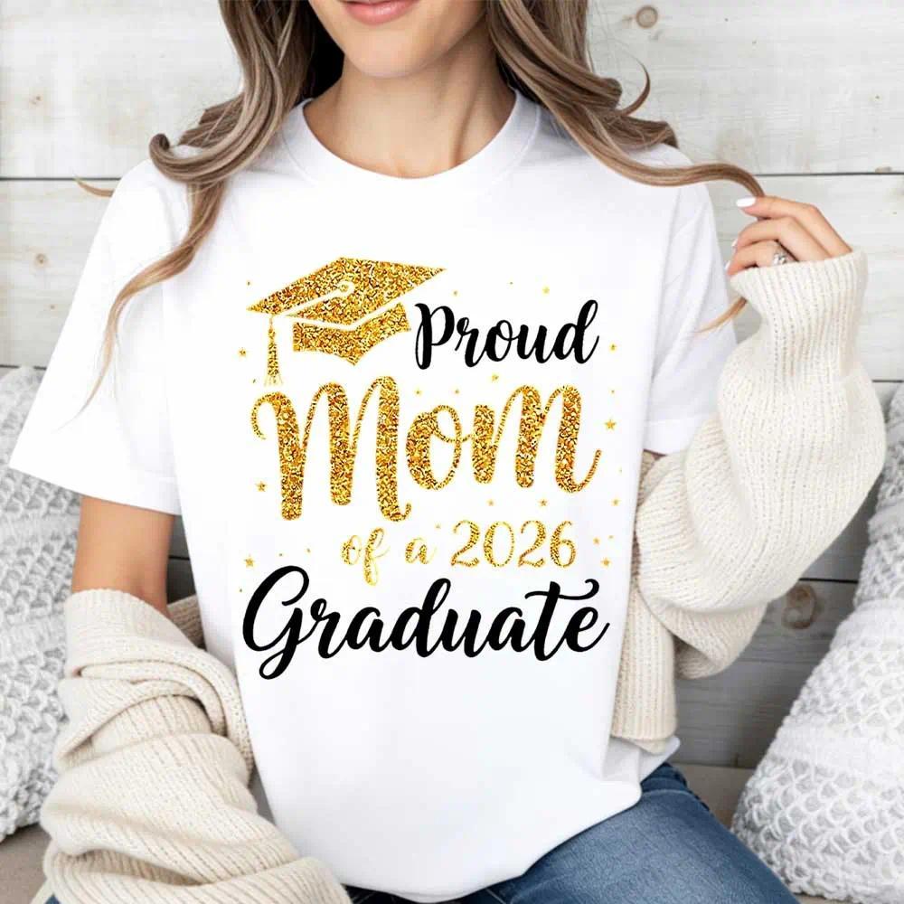 “Proud Mom of a 2026 Graduate” Graduation T-Shirt | Women’s Casual Crew Neck Tee | Cap & Class of 2026 Design | Mother Graduation Gift