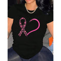 Women's Casual Breast Cancer Awareness T-Shirt - Pink Heart Geometric Print, Soft Stretch Round Neck Short Sleeve Top, Machine Washable All-Season Comfort, Comfortable Clothing, Heartshaped Design, Nontransparent Material-100% Cotton T-Shirt