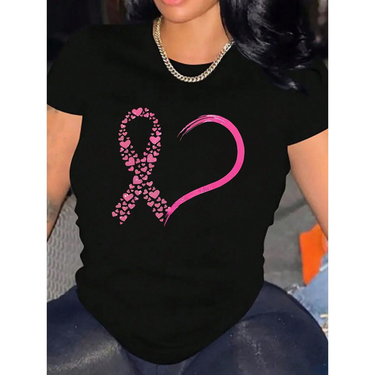 Women's Casual Breast Cancer Awareness T-Shirt - Pink Heart Geometric Print, Soft Stretch Round Neck Short Sleeve Top, Machine Washable All-Season Comfort, Comfortable Clothing, Heartshaped Design, Nontransparent Material-100% Cotton T-Shirt