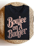Womens Boujee on A Budget Graphic Tee, Retro Script Letter Print Crew Neck Short Sleeve T-Shirt, Casual Trendy Daily Top