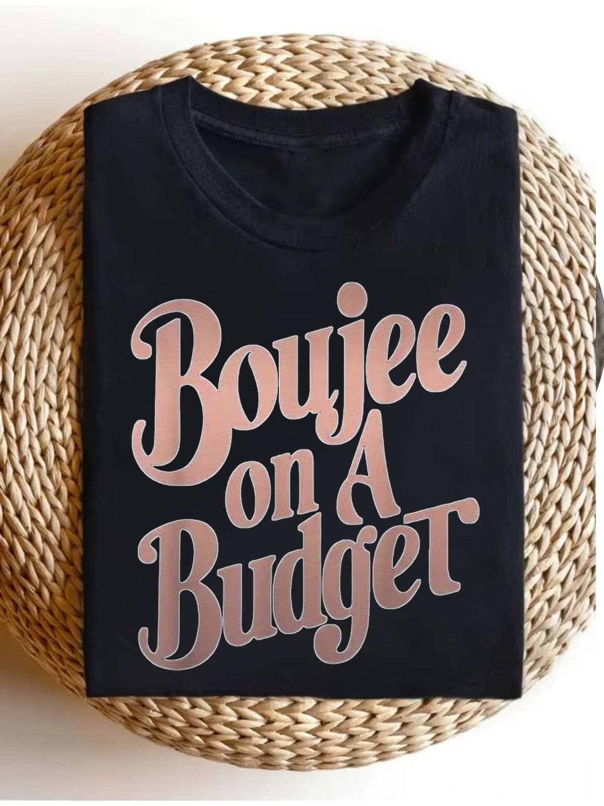 Womens Boujee on A Budget Graphic Tee, Retro Script Letter Print Crew Neck Short Sleeve T-Shirt, Casual Trendy Daily Top