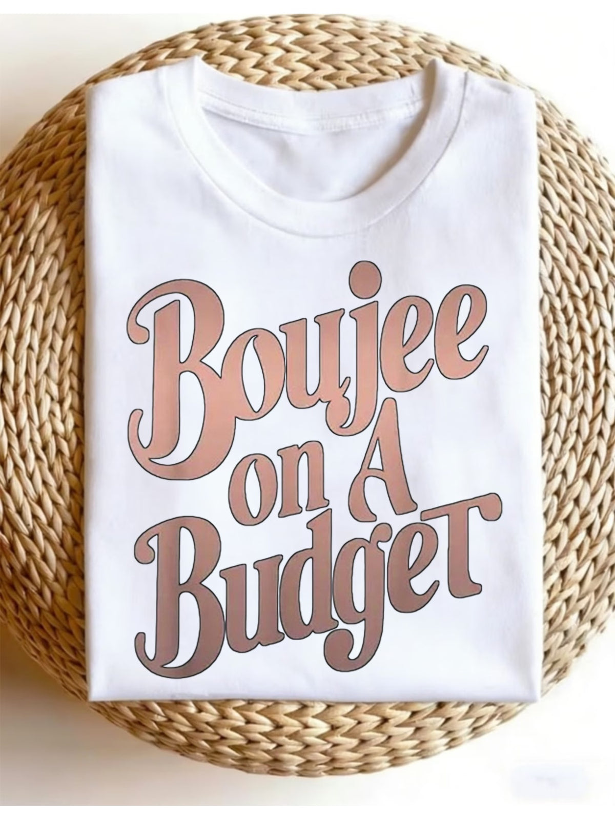 Womens Boujee on A Budget Graphic Tee, Retro Script Letter Print Crew Neck Short Sleeve T-Shirt, Casual Trendy Daily Top