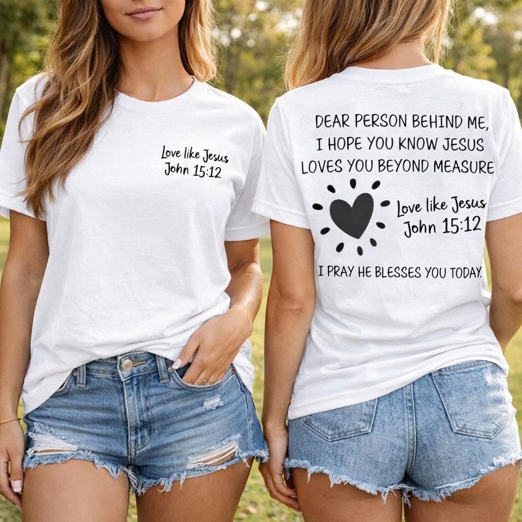 Plus Size Women's Casual Jesus Graphic Cotton Fabric T-Shirt - "Dear Person Behind Me" Religious Print Short-Sleeve Top, John 15:12 Christian Quote Loose Fit Round Neck Tee, S-5XL Faith Apparel Benito