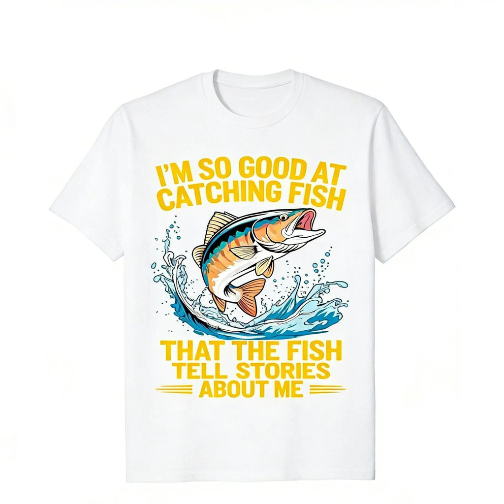 Men's Funny Fishing T-Shirt I Fish So Well The Fish All Tell Stories with Jumping Fish Graphic Lightweight Breathable 100% Cotton All-Season Casual Outdoor Fishing Apparel  Machine Washable Ideal Gift  double print  Tshirt Round Neck Menswear