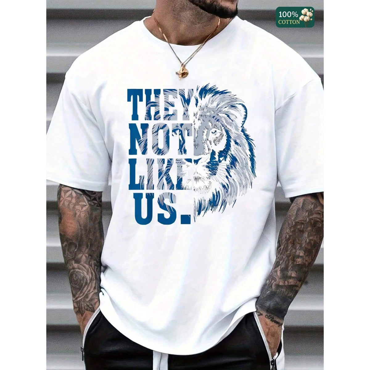Unisex 100% Cotton Round Neck Short - Sleeve "They Not Like Us" T - Shirt With Lion Graphic - Bold And Distinctive Basic Tee For Summer Men's Tops