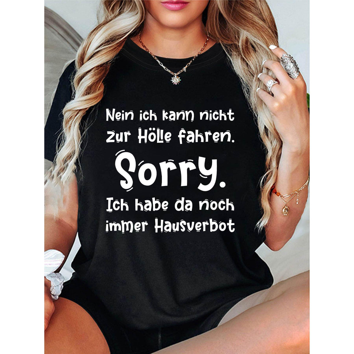 Plus Size, Nein Ich Kann Nicht Zur Holle Fahren Sorry Ich Habe Da Noch Immer Hausverbot Letter Print Plus Size Women's T-shirt, Short Sleeve Crew Neck Casual Top for Summer & Spring, Women's Clothing