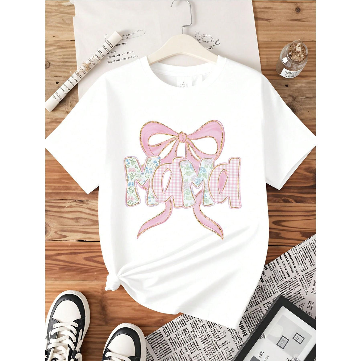 Mother's Day Mama Bow T-Shirt Pink Floral Design Women's Casual Top Gift For Mom