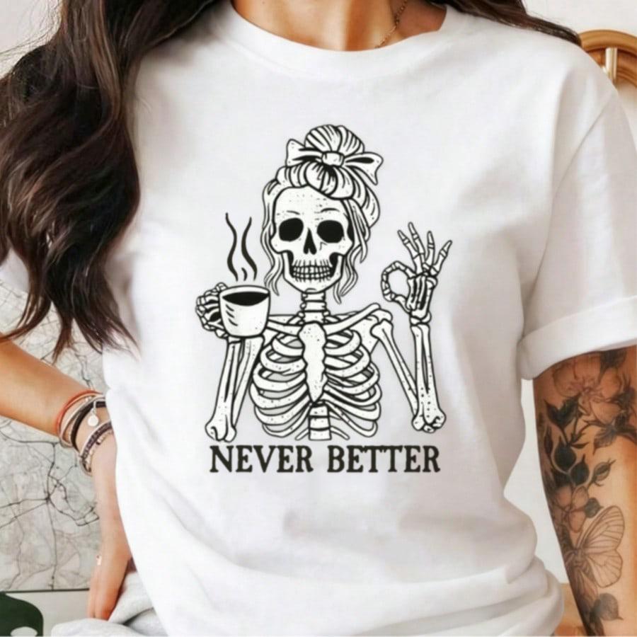 Skeleton Coffee Lover T-Shirt | Funny Halloween Skeleton Graphic Tee | Gothic Skull Design | 100% Cotton Casual Top