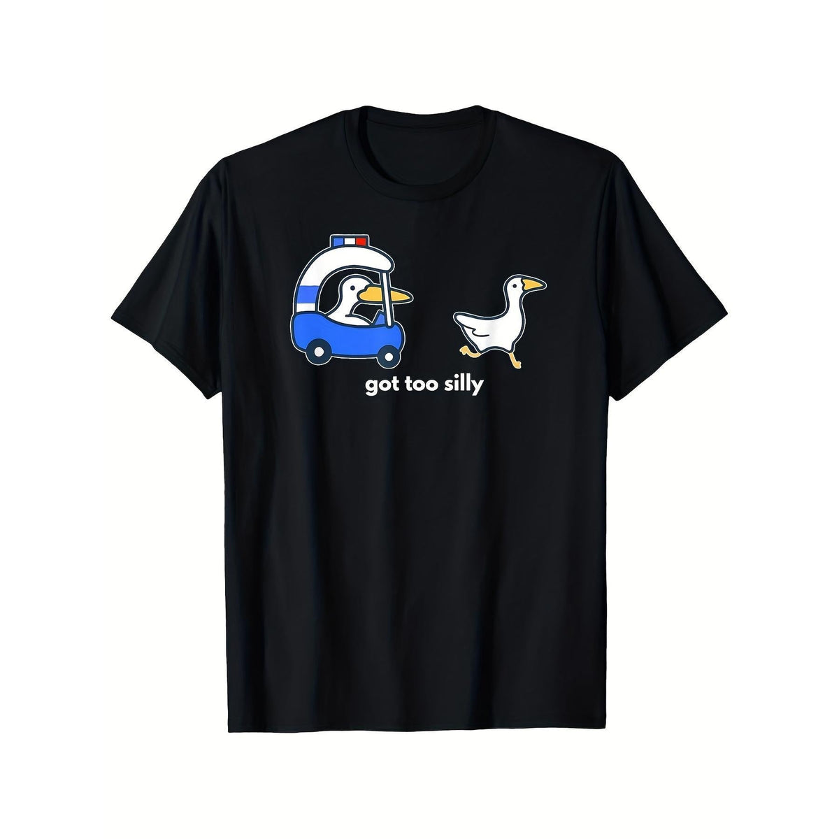 Men's Funny Goose Police & Ambulance Cartoon Graphic T-Shirt - "Got Too Silly" Slogan, Breathable Cotton Moisture-Wicking Crew Neck Tee, Black with Blue Retro Design, Casual Short Sleeve Shirt for Everyday & Streetwear, All-Season Comfort