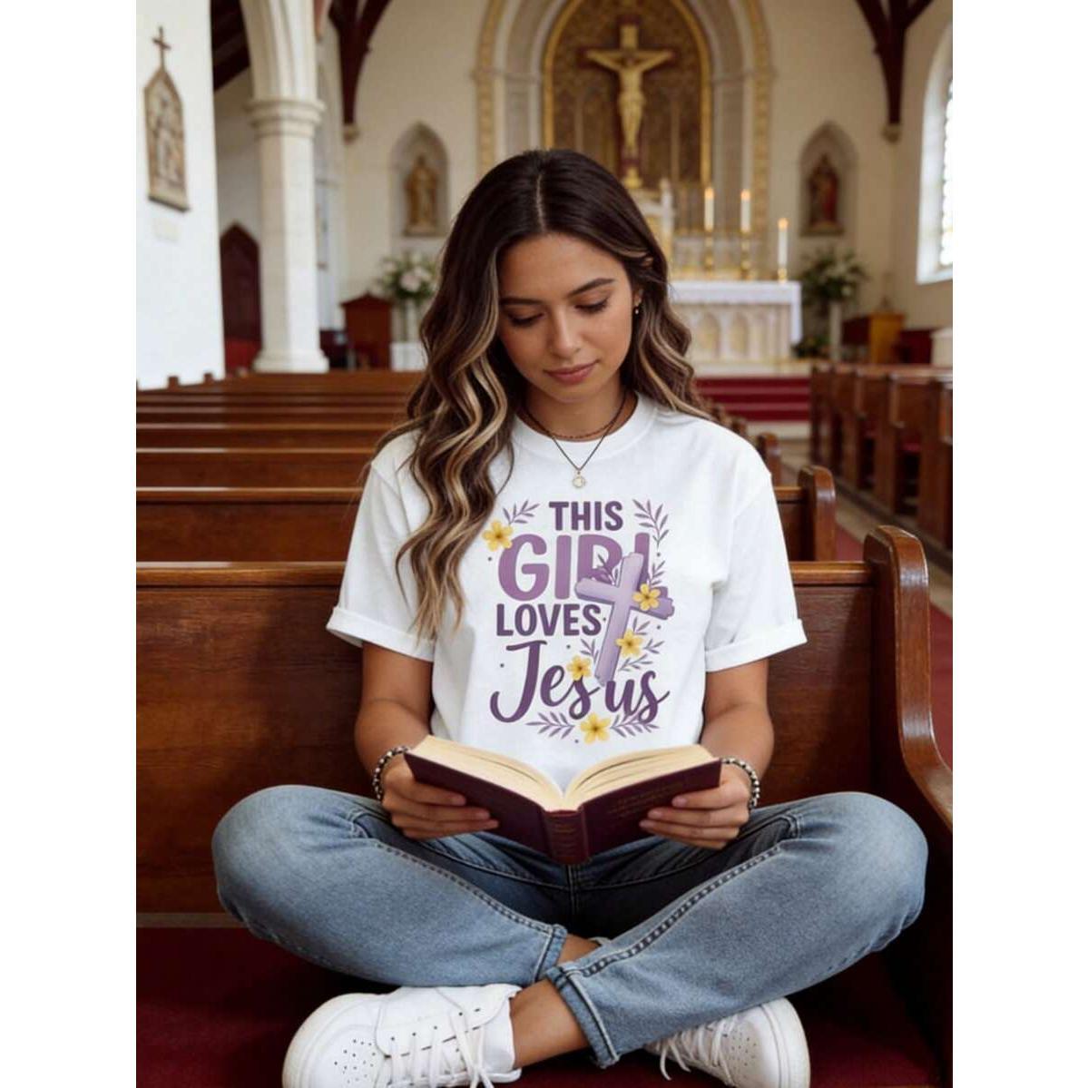 This Girl Loves Jesus Christian Cross Flower Design Women's T-Shirt White Casual Top Faith Inspired Graphic Tee