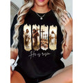 Jesus Resurrection Four Scenes Print Pattern + "He Is Risen" Text Round Neck Short Sleeve Top, Wear Christian Faith Theme T-Shirt