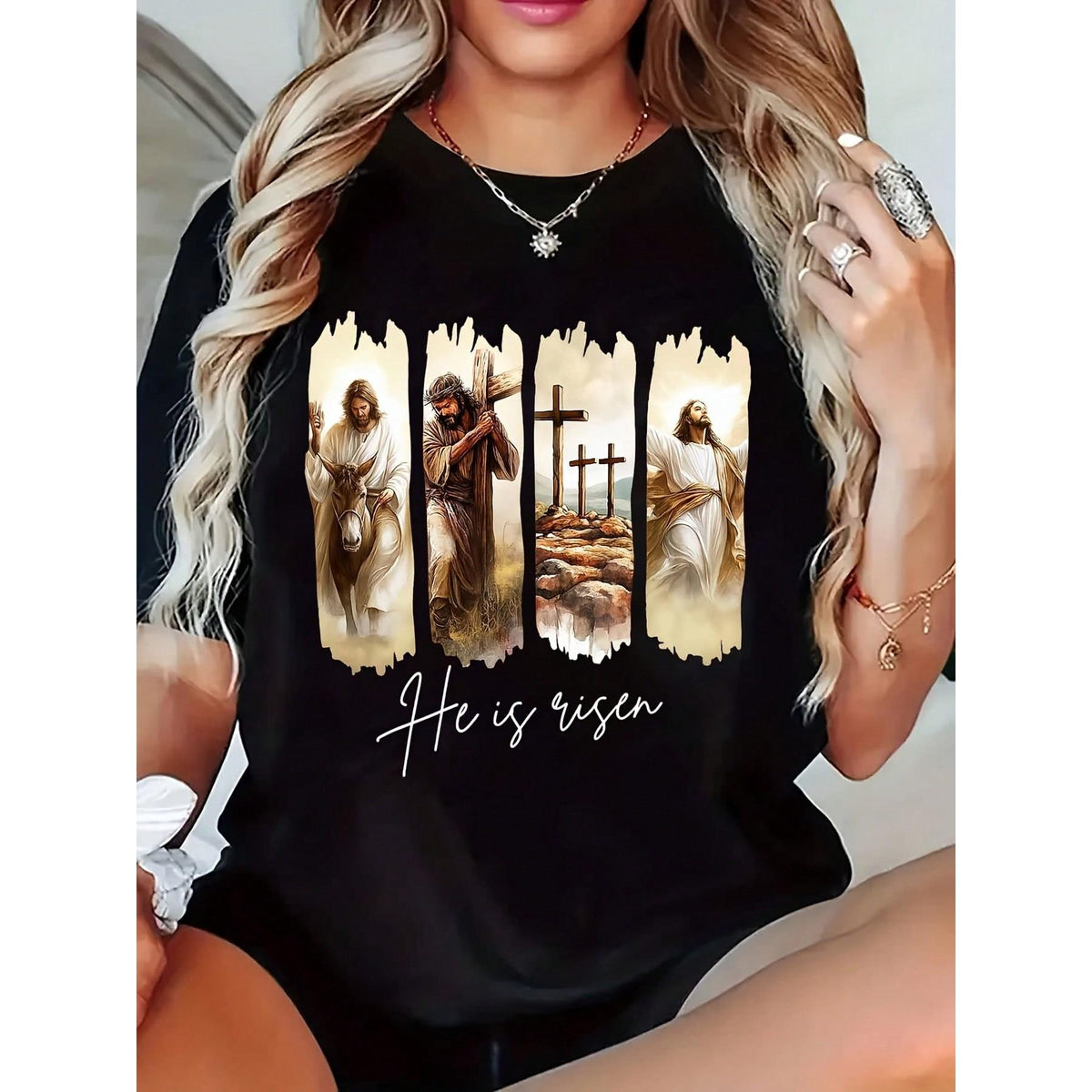 Jesus Resurrection Four Scenes Print Pattern + "He Is Risen" Text Round Neck Short Sleeve Top, Wear Christian Faith Theme T-Shirt