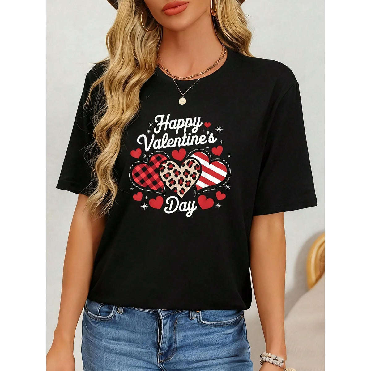 Valentine's Day Hearts Love Women's T-Shirt Novelty Crew Neck Top Shirt Casual Funny Graphic Short Sleeve 1 Pcs Tee 220g