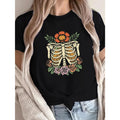 Women's Pure T-Shirt with Artistic Rib Cage & Floral Design, Comfort Fit, Short Sleeve, Round Neck - Casual Style, Machine Washable
