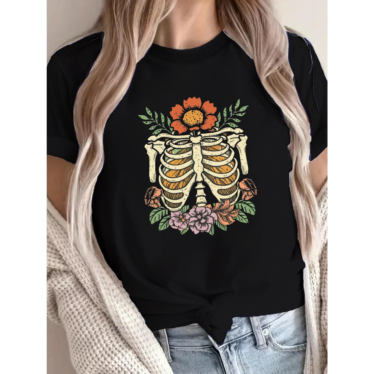 Women's Pure T-Shirt with Artistic Rib Cage & Floral Design, Comfort Fit, Short Sleeve, Round Neck - Casual Style, Machine Washable