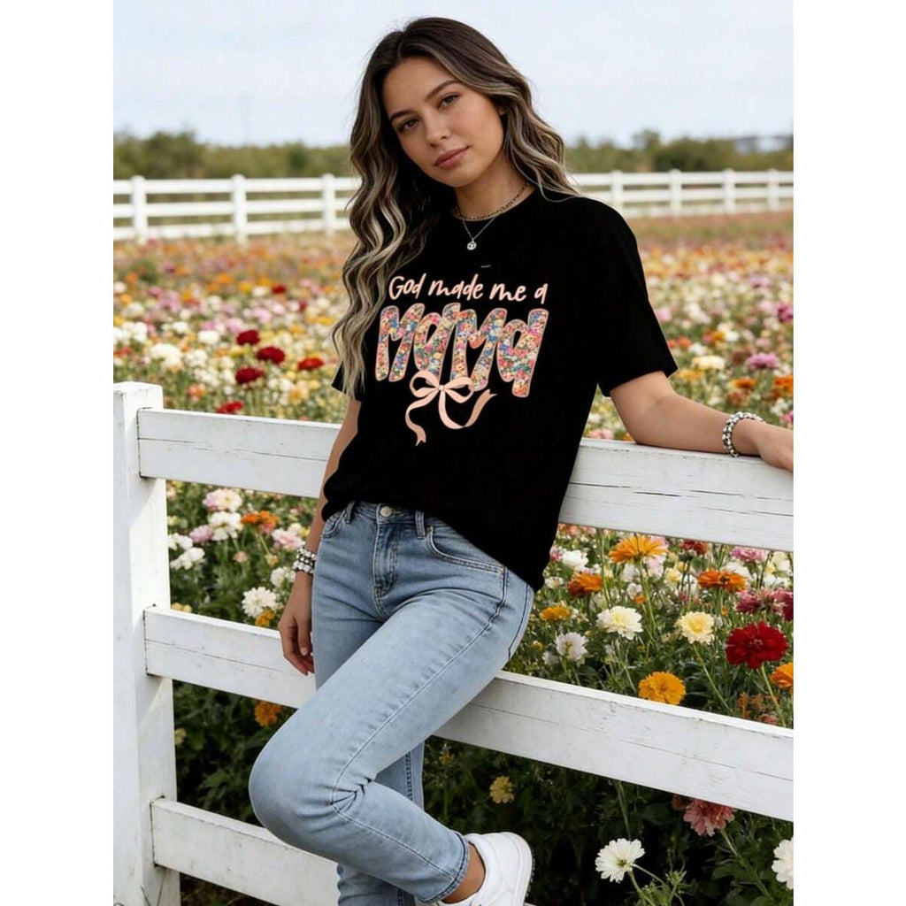 God Made Me A Mama Floral Print Bow T Shirt Women Casual Short Sleeve Top Motherhood Gift For Mom Maternity Wear
