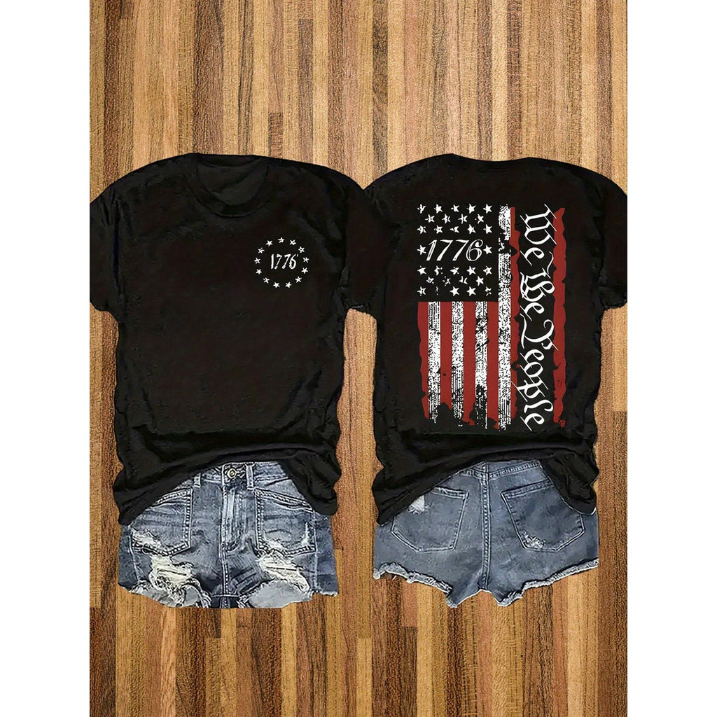 We The People 1776 American Flag Graphic Black Short Sleeve Tee, 100% Cotton Black Short-Sleeved Women's T-Shirt
