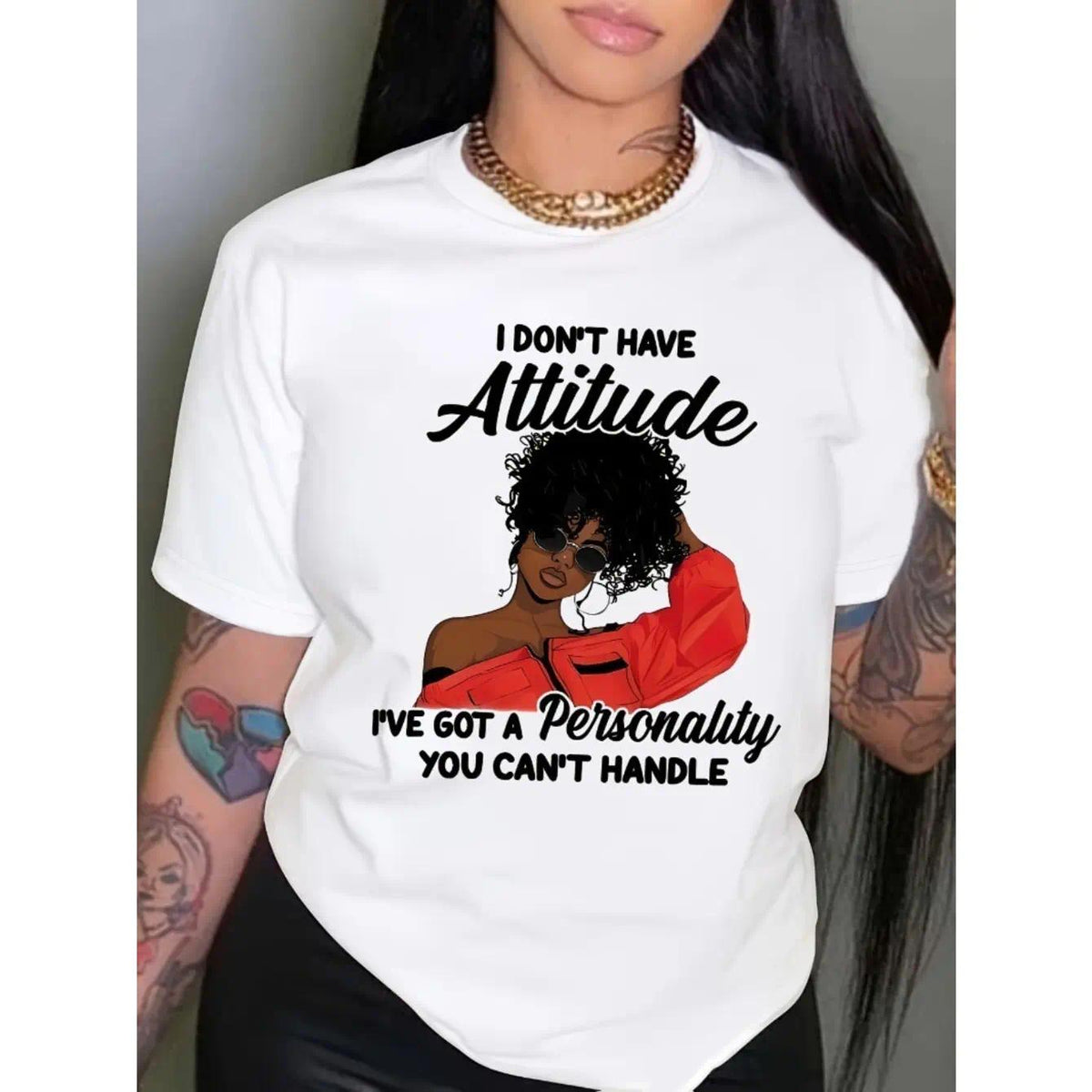 Women's Graphic Print T-Shirt - Bold "I Don't Have Attitude..." Slogan & Red Fashion Glasses Design, Soft Breathable Fabric, Short Sleeve Round Neck Casual Top for Summer & Spring