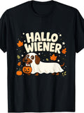 Happy Halloweiner Funny Dachshund Ghost Witch Pumpkin Halloween Graphic Tee for Men Women, Cute Wiener Dog Short Sleeve T-Shirt, Casual Crew Neck Top for Dog Lover Gift