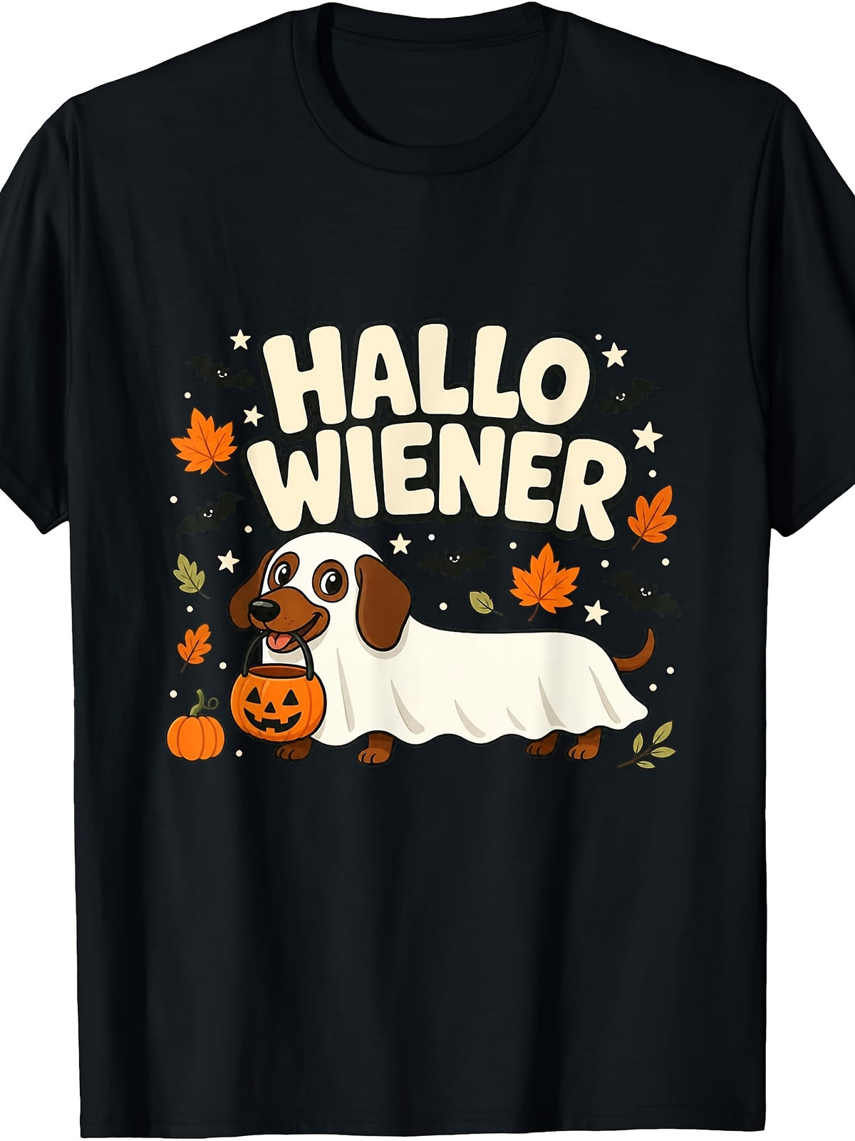 Happy Halloweiner Funny Dachshund Ghost Witch Pumpkin Halloween Graphic Tee for Men Women, Cute Wiener Dog Short Sleeve T-Shirt, Casual Crew Neck Top for Dog Lover Gift
