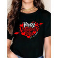 Valentine's Day T-Shirt Black Happy Valentine's Day With Hearts And Arrow Print For Valentine's Day Celebration