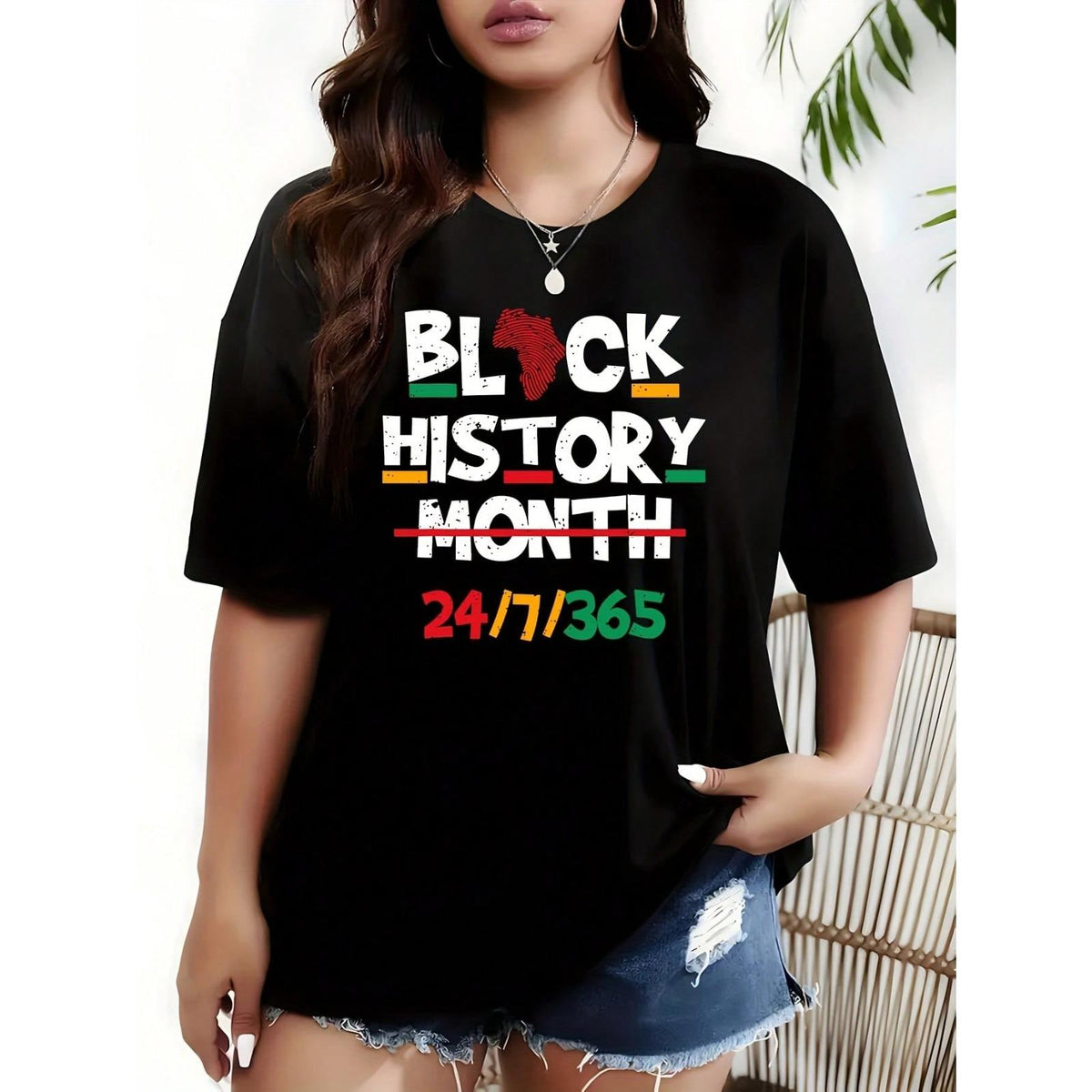 Black History Month 24 7 365 1 Pcs Women's Plus Size T-Shirt Funny Oversized Graphic Short Sleeve Tee Novelty  Casual Crew Neck