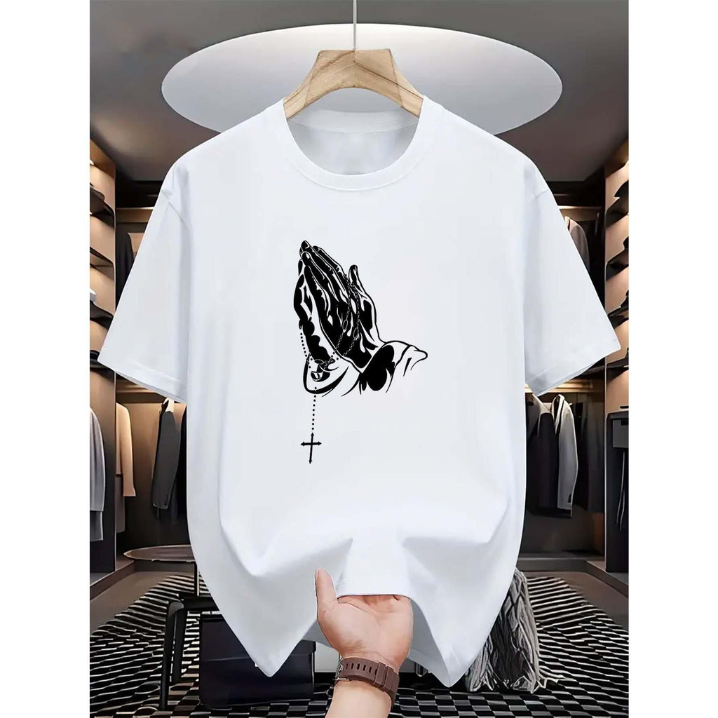 Men'S Prayer Hand Cross Print T-Shirt - Religious Christian Apparel, Easy Design, Everyday Shirt, Casual Wear for Church And Prayer Groups - Church Clothing, Street Fashion, Crew Neck T-Shirt, Faith-Based Clothing