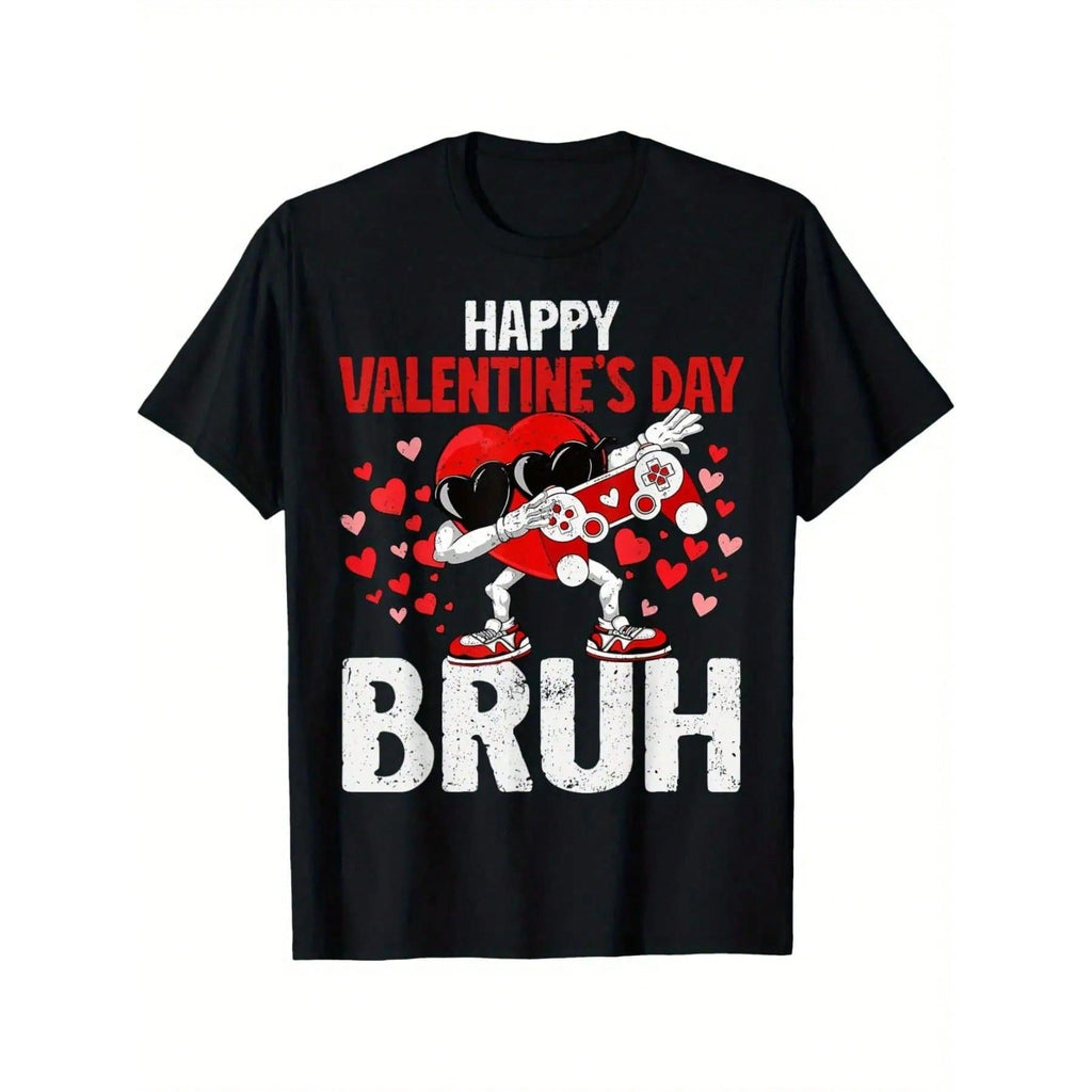 Teenagers 'Happy Valentine's Day Bruh' Game T-Shirt - Fashionable Pure Cotton, Black With Red Heart And Game Controller Graphic, Unisex Short Sleeve Casual T-Shirt