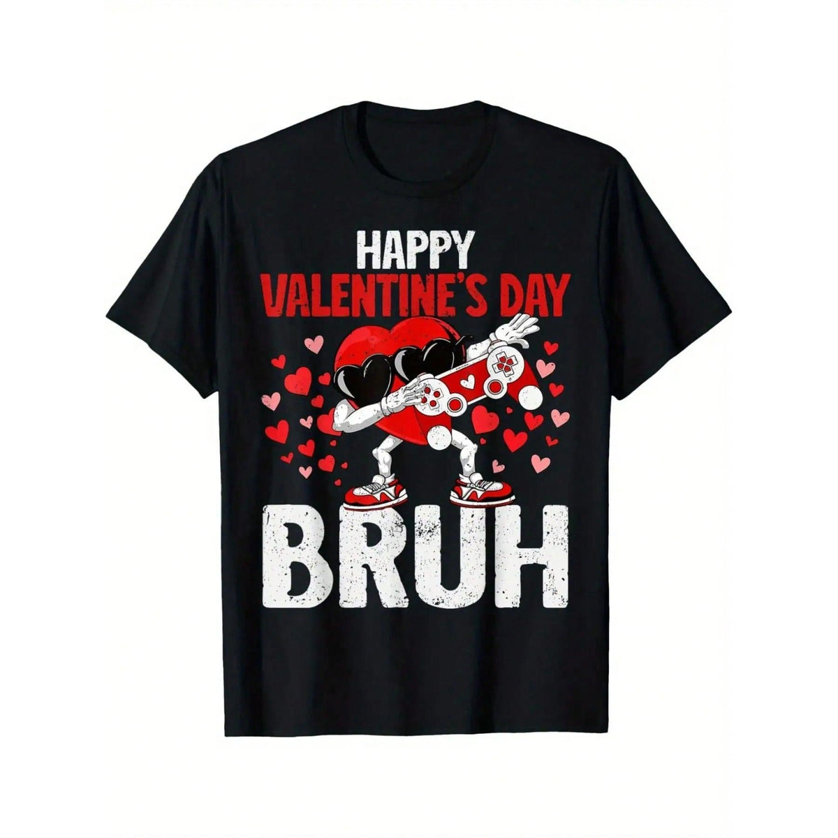 Teenagers 'Happy Valentine's Day Bruh' Game T-Shirt - Fashionable Pure Cotton, Black With Red Heart And Game Controller Graphic, Unisex Short Sleeve Casual T-Shirt