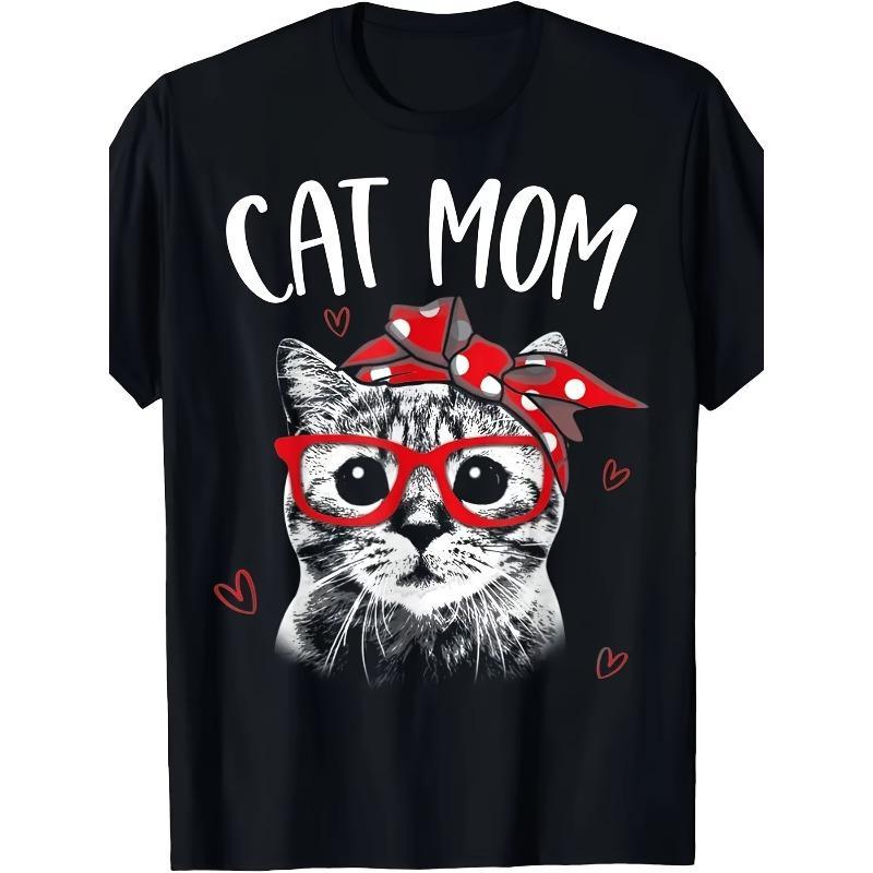 Cat Mom Graphic T-Shirt for Women - 100% Cotton Relaxed Fit Short Sleeve Round Neck, Vintage Style Cat with Red Bow & Hearts Design, Machine Washable Casual Summer Top, Mother'S Day Gift, Cat T Shirt, Playful Design Printed Shirt, Pet Lovers