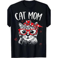 Cat Mom Graphic T-Shirt for Women - 100% Cotton Relaxed Fit Short Sleeve Round Neck, Vintage Style Cat with Red Bow & Hearts Design, Machine Washable Casual Summer Top, Mother'S Day Gift, Cat T Shirt, Playful Design Printed Shirt, Pet Lovers