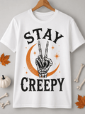 Women Halloween Stay Creepy Skeleton Peace Hand Graphic T‑Shirt Spooky Fall Casual Short Sleeve Tee