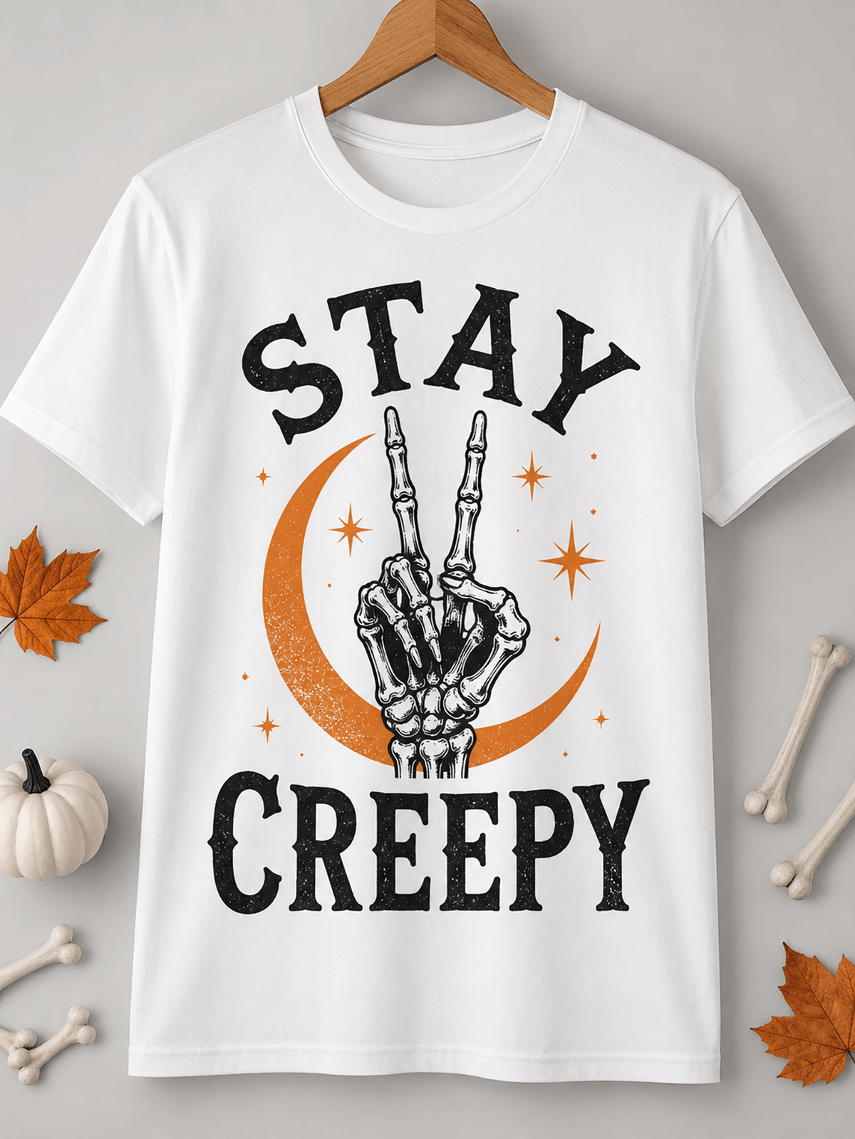 Women Halloween Stay Creepy Skeleton Peace Hand Graphic T‑Shirt Spooky Fall Casual Short Sleeve Tee