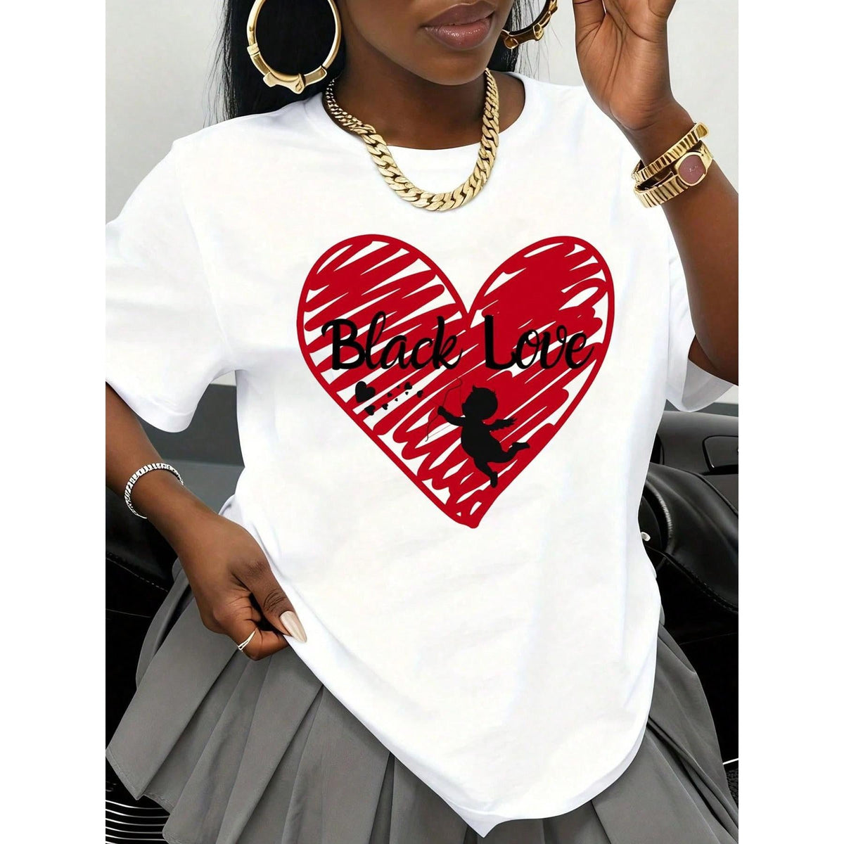 Black Love Heart Graphic T-Shirt For Women Valentine's Day Celebration Apparel With Red Sketch Heart And Silhouette Design Unisex Casual Wear For Black History Month And Romance Events