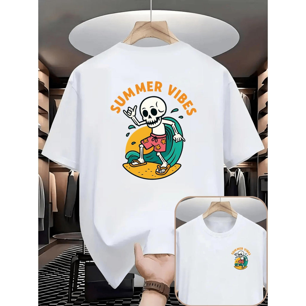 Women's Natural Soft Cotton Short-Sleeve T-Shirt, Round Neck, Skull & Surfer Double-Sided Print, Casual Beachwear for Sports, Gym Activities, Tops, Shortsleeve, Women's Clothes, Athletic, Skull Print, Crew Neck, Commute Look, Elegant, Comfortable, Style