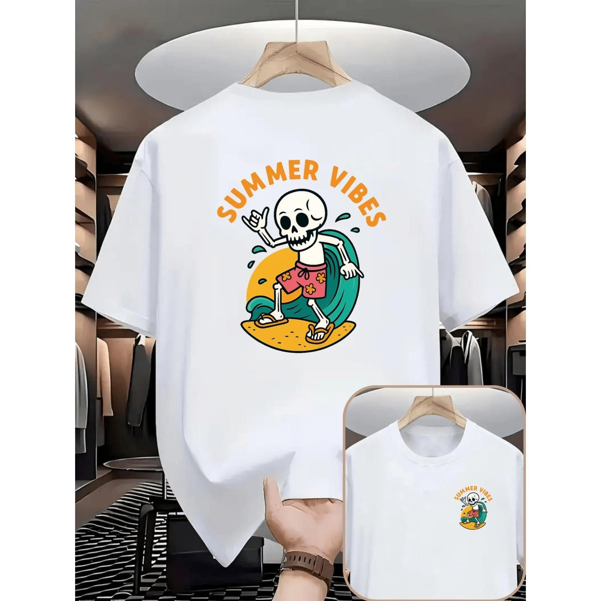 Women's Natural Soft Cotton Short-Sleeve T-Shirt, Round Neck, Skull & Surfer Double-Sided Print, Casual Beachwear for Sports, Gym Activities, Tops, Shortsleeve, Women's Clothes, Athletic, Skull Print, Crew Neck, Commute Look, Elegant, Comfortable, Style
