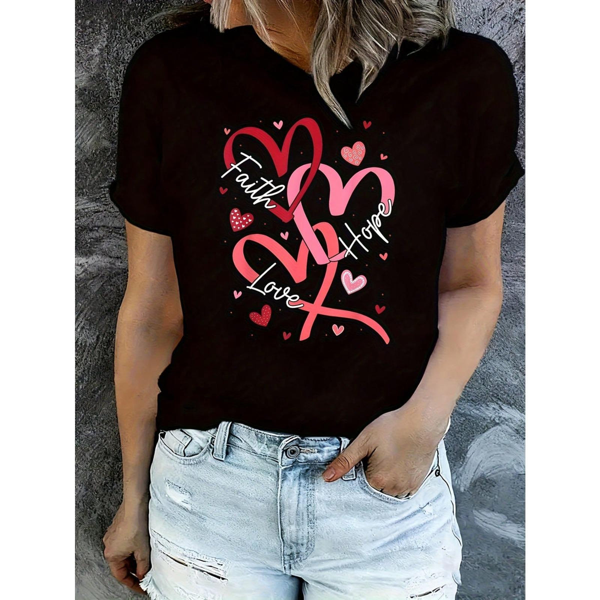 Valentine S Day Christian Faith Hope Love Hearts Religious 1 Pcs Women's Plus Size T-Shirt Funny Oversized Graphic Short Sleeve Tee Novelty 100% Polyester Versatile Shirt Casual Crew Neck Top 220g