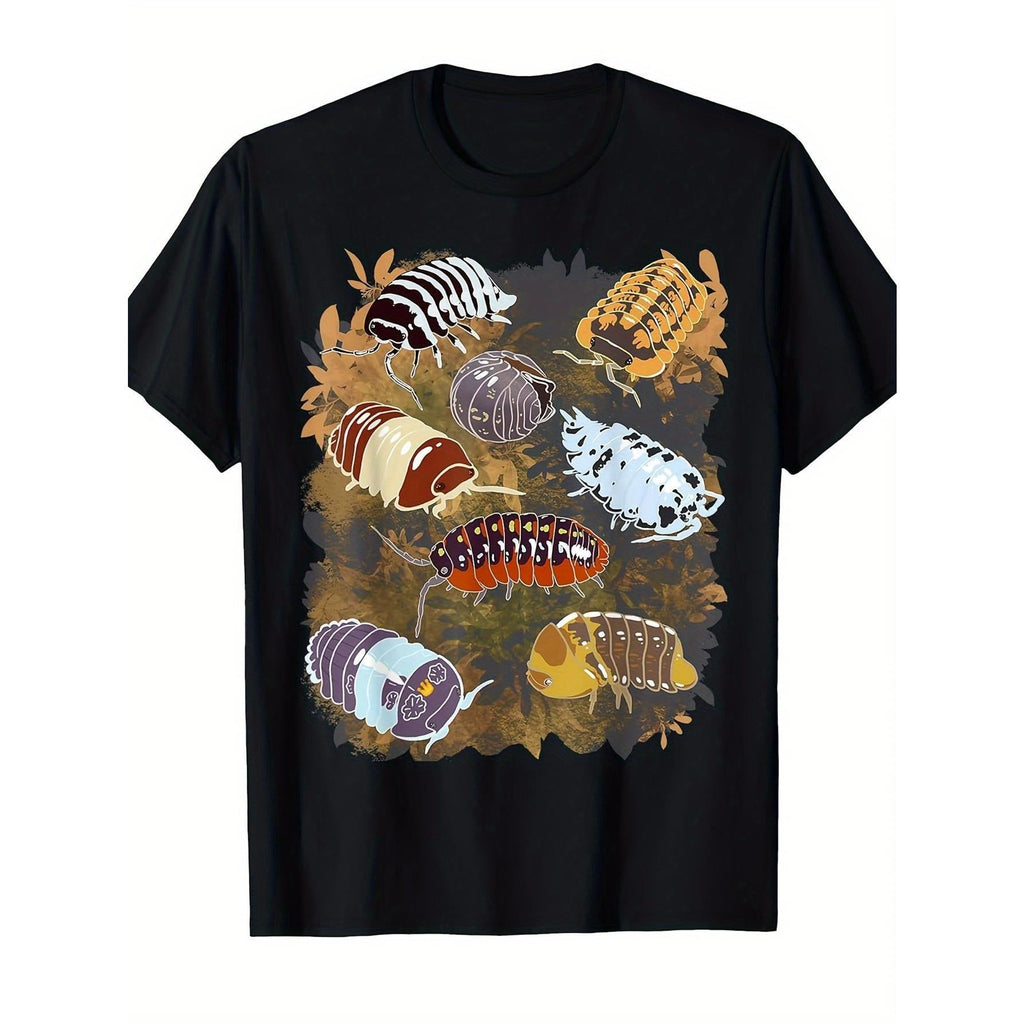 MenS & WomenS Isopod Collection Graphic T-Shirt | Black Streetwear Tee with Colorful Insect & Isopod Print, Round Neck, Short Sleeve, Casual