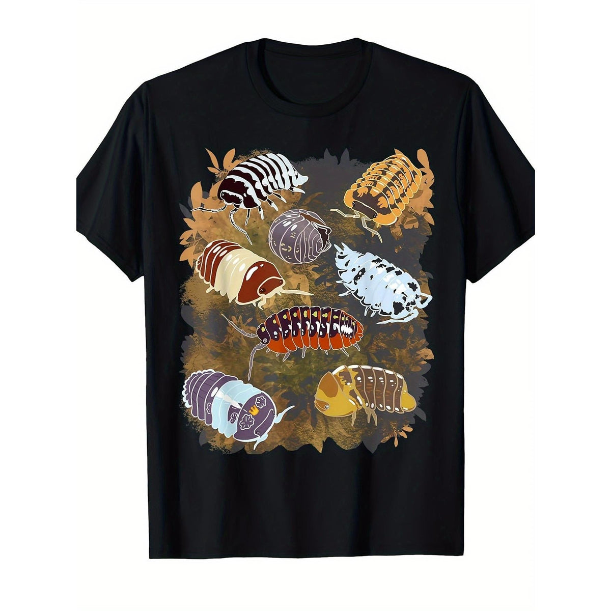 MenS & WomenS Isopod Collection Graphic T-Shirt | Black Streetwear Tee with Colorful Insect & Isopod Print, Round Neck, Short Sleeve, Casual