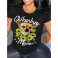 Plus Size Women's Retro Chihuahua Mom & Sunflower Graphic T-Shirt - Floral Dog Design Short Sleeve Round Neck Casual Tee, Machine Washable Summer Top for Dog Lovers, Durable Print Quality, Dog Shirt, Puppy Love Apparel, Puppy Clothes