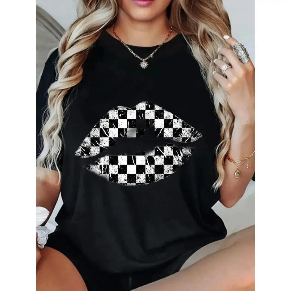 Womens Cotton Short Sleeve Graphic Tee Black And White Checkered Lips Print Casual Summer Top Crew Neck Soft Breathable Streetwear Outfit
