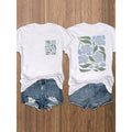 Vintage Blue Floral Print Women's Short Sleeve T-Shirt Graphic Tees Women Tops