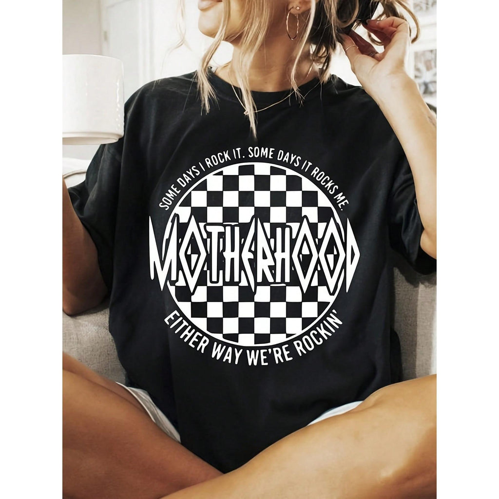 Women'S Retro Oversized Black T-Shirt With Bold 'MOTHERHOOD' Checkered Graphic & "Some Days I Rock It Some Days It Rocks" Slogan - 220gsm Heavyweight Pure, Unisex Casual Tee For Casual Attire