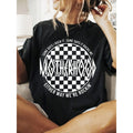 Women'S Retro Oversized Black T-Shirt With Bold 'MOTHERHOOD' Checkered Graphic & "Some Days I Rock It Some Days It Rocks" Slogan - 220gsm Heavyweight Pure, Unisex Casual Tee For Casual Attire