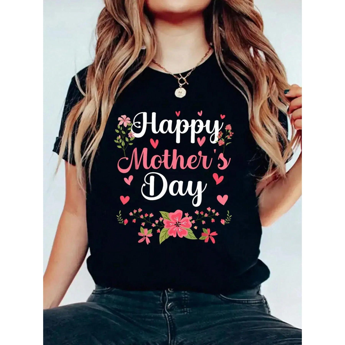 A Casual Style Happy Mother'S Day" Women'S Floral Print Black T-Shirt- Cute Short Sleeve Round Neck Casual Top With Pink Flowers And Heart Embellishments, 100%, Perfect For Spring And Summer, Women'S T-Shirt, Summer Fashion, Spring Outfit, Playful Design