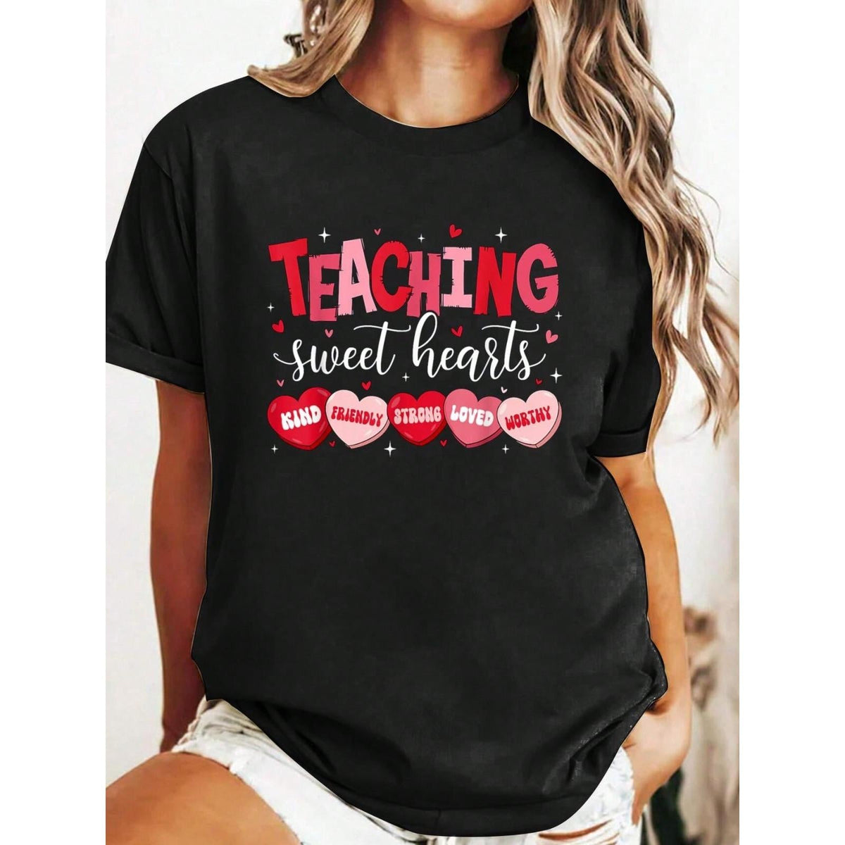 Women's Cotton Graphic Round Neck Short-Sleeve Tee Top - Comfortable Everyday Fit, Valentine Heart Candy Teacher Design for Summer Teaching Professionals
