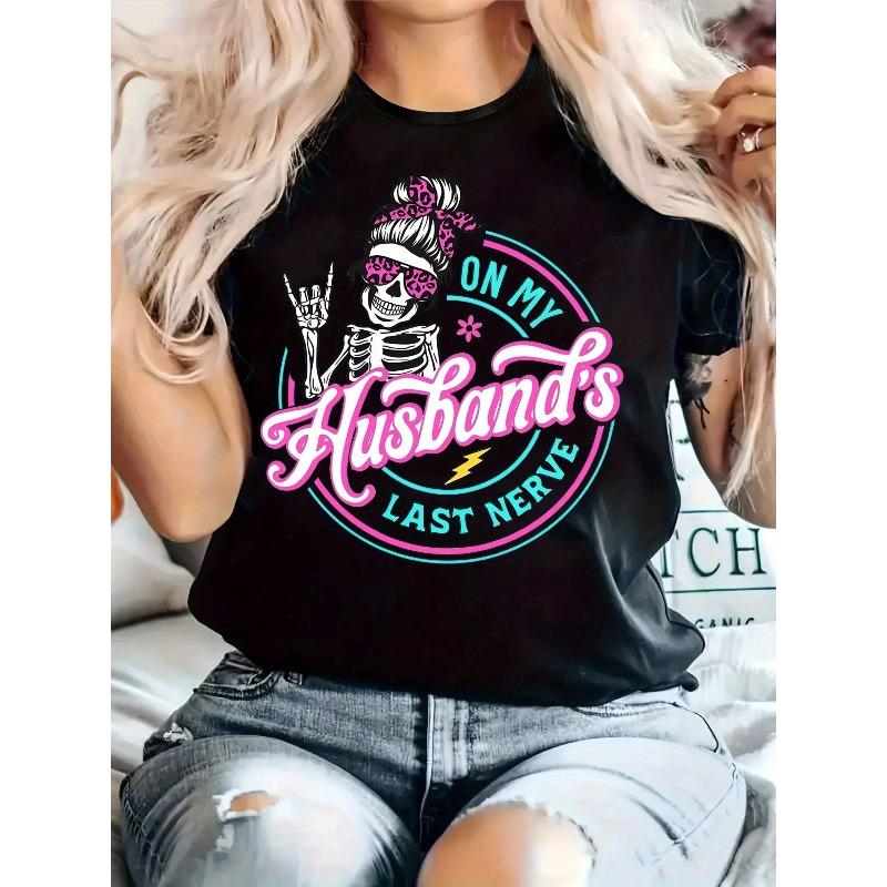 Plus Size Women Casual T-Shirt Skull Lightning Bolt Graphic With On My Husbands Last Nerve Slogan Stretchy Round Neck Short Sleeve Top All-Season Comt Machine Washable Everyday Comt Edgy Graphic Tee Comtable Fit