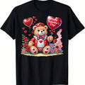 Valentine's Day T - Shirt, Black Cotton T - Shirt with Cheerful Teddy Bear in Red Cap & Jacket, Red Roses, Heart Balloons & Colorful Flowers Design, Romantic Playful Valentine Gift for Him Her, Casual Crew Neck Soft Breathable Tee100% cotton