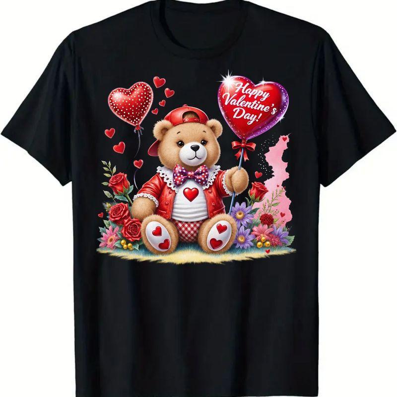 Valentine's Day T - Shirt, Black Cotton T - Shirt with Cheerful Teddy Bear in Red Cap & Jacket, Red Roses, Heart Balloons & Colorful Flowers Design, Romantic Playful Valentine Gift for Him Her, Casual Crew Neck Soft Breathable Tee100% cotton